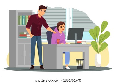 Woman working on computer, man standing in office. Young girl sitting at table with monitor, keyboard and books, coworker helping. Professional workplace vector illustration.