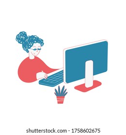 Woman working on a computer, office worker, freelancer with PC isolated vector illustration. Simple blue and red duo tone doodle minimalist web icon