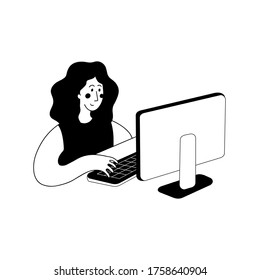 Woman working on a computer, office worker, freelancer with PC isolated vector illustration. Simple black and white doodle minimalist web icon