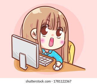Woman working on computer office cute girl cartoon art illustration Premium Vector
