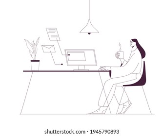 Woman working on computer in the office or home office, drinking coffee. Outline vector illustration, business concept