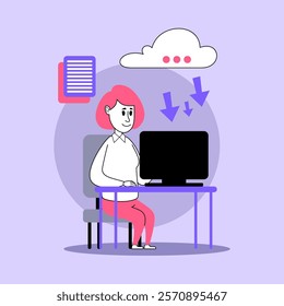 Woman working on computer in office vector illustration. Businesswoman downloading documents from cloud storage. Business, documentation, modern technology concept