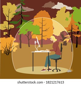 Woman working on a computer outside in a protective bubble, EPS 8 vector illustration