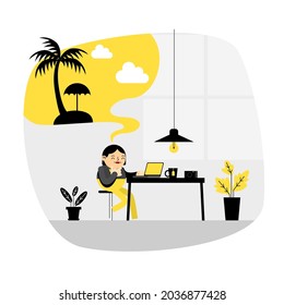 woman working on a computer but thinking about holidays vector