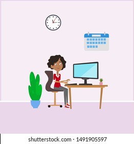 Woman working on computer vector, editable file as .eps