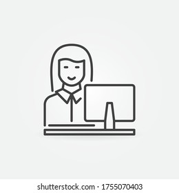 Woman Working on Computer vector concept icon or symbol in thin line style