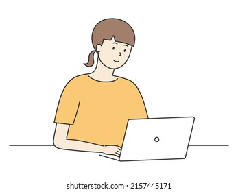 Woman working on computer, vector illustration