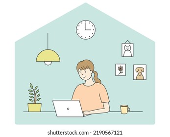Woman working on computer, vector illustration