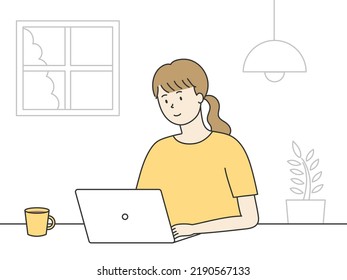 Woman working on computer, vector illustration