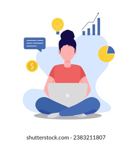 Woman working on the computer. Vector illustration in flat style. Isolated on white background.	
