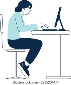 Woman working on computer in wrong unhealthy sitting pose