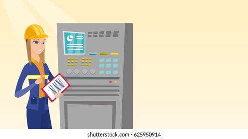 Woman working on control panel. Worker in hard hat pressing button at control panel. Engineer with clipboard standing in front of the control panel. Vector flat design illustration. Horizontal layout.