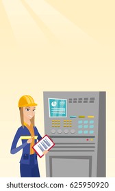 Mujer trabajando en el panel de control. Trabaje con el botón de presión de sombrero duro en el panel de control. Ingeniero con portapapeles parado frente al panel de control. Ilustración de diseño plana vectorial. Diseño vertical.