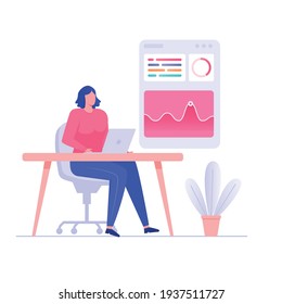 Woman working on data analysis sitting on chair illustration. Business analysis illustration concept
