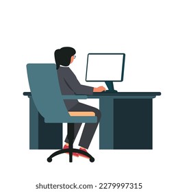 woman working on desk at her workplace. Businesswoman   concept, modern vector illustration.