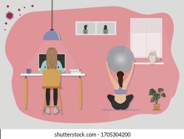 Woman Working On Desk With Laptop And Woman Practicing Yoga With Gym Ball, Enjoying Meditation, Relaxing On Floor. Stay At Home The With My Cat. Flat Vector Illustrator.