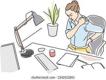 woman working on desk while having neck and back, back and pain shoulder. Massage her self and relieve pain.