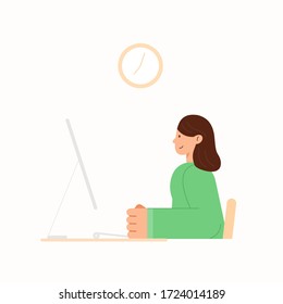 Woman working on desktop computer at home. Work from home concept. Woman freelancer, Designer working at home. Quarantine during the coronavirus outbreak.