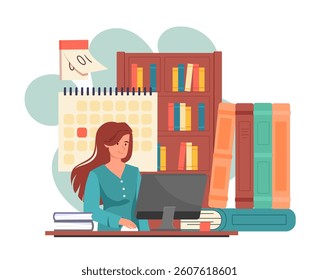 Woman working on desktop computer at a desk surrounded by books, calendar, and shelves in flat graphic style on white background. Concept of studying. Vector illustration