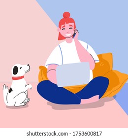 Woman working on her computer while talking on the phone. dog watches his owner work on the computer. Flat vector illustration