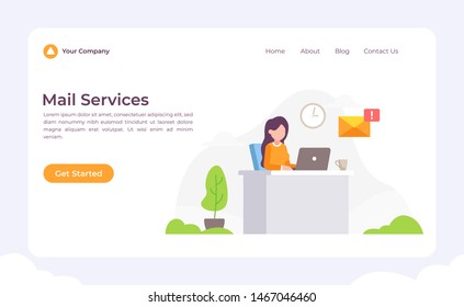 Woman working on her laptop Mail Services Concept Vector Flat Illustration for landing page, wallpaper, background, banner, advertising, web, business