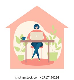 Woman working on her laptop from home. Stay home conception. Young woman sitting at the desk and working online. Comfortable workspace in the house silhouette. Vector flat illustration.