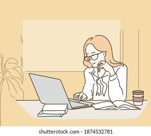 Woman is working on her laptop. Work from home concept. Hand drawn in thin line style, vector illustrations.