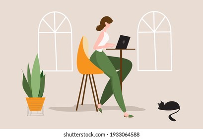 Woman working on her laptop at her house with her black cat nearby. Flat style vector illustration for freelancing, work from home, online study, education, business, social media or corporate concept