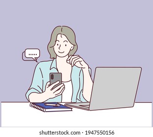 Woman is working on her laptop and chat on mobile. Work from home concept. Hand drawn in thin line style, vector illustrations.