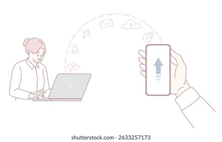 A woman is working on her laptop and sharing data via mobile technology for better productivity and efficiency