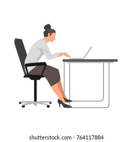 Woman working on her laptop by the desk illustration on white background