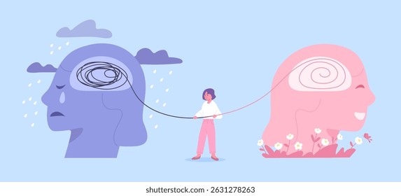 Mulher trabalhando em sua saúde mental limpando e administrando seu pensamento. Conceito de atitude e pensamento positivo, mentalidade otimista, autoaceitação, bem-estar mental. Ilustração de vetor plano.