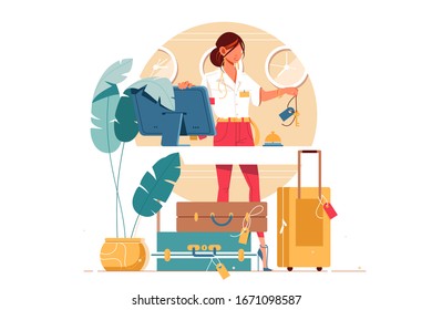 Woman working on hotel reception vector illustration. Female receptionist holding keys and talk to guests cartoon design. Pc and suitcases on floor. Business and tourism concept