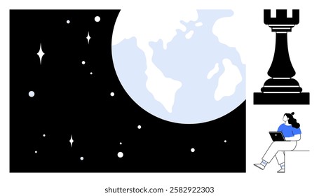 Woman working on laptop against Earth and stars background. Chess rook highlights strategizing. Ideal for work, strategy, technology, space, innovation, education, inspiration. Line metaphor