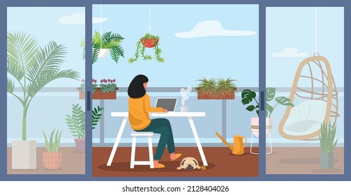 A woman working on laptop on apartment balcony decorated with green plants. Vector Illustration