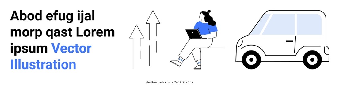 Mulher trabalhando em um laptop, setas retratando o crescimento, carro ao seu lado, texto de espaço reservado sugerindo o contexto do design. Ideal para conceitos empresariais, trabalho remoto, progresso, tecnologia, mobilidade