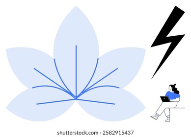 Woman working on laptop beside large blue lotus flower and black lightning bolt. Ideal for productivity, focus, technology, work-life balance, creativity, mindfulness, serene environment. Line