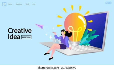 Woman working on a laptop with a big light bulb. Creative idea, brainstorming, teamwork, startup, business solution, thinking process concept. online job or e-learning. Girl looking at computer