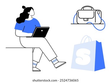 A woman working on a laptop, a briefcase and a shopping bag. Ideal for business, shopping, remote work, technology, lifestyle. Simple vector style with blue and black elements, illustrating modern