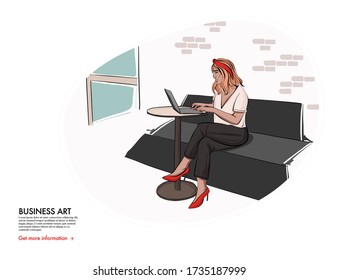 Woman working on laptop in cafe, freelancer student girl business computer working art. Vector lifestyle enterpneur illustration. Fashion professional online distance work in coworking sketch .