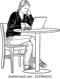 Woman working on Laptop in Cafe Online Business People lifestyle Hand drawn line art illustration