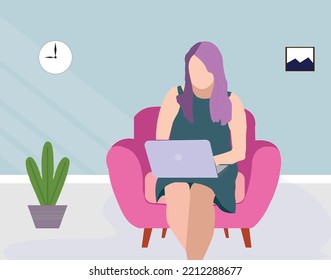 woman working on laptop cartoon illustration