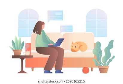 Woman working on laptop with cat on sofa, flat style, white background. Concept of remote work and pet companionship. Vector illustration