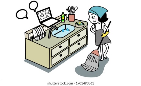 woman is working on laptop and cleaning house cartoon