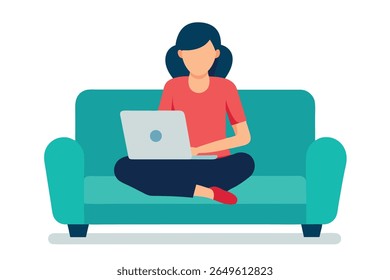 Woman Working on Laptop, Comfortable Teal Sofa, Modern Flat Design, Relaxed Mood, Remote Work Concept.