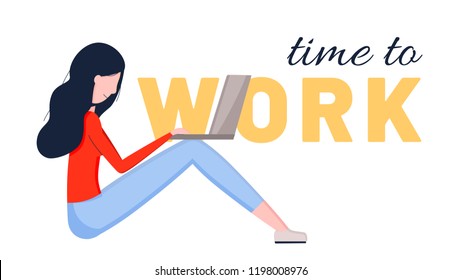 Woman is working on the laptop computer. Vector illustration in flat style design. Girls with laptop