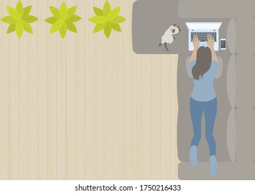 Woman working on laptop computer and lying prone on L shaped sofa in living room with siamese cat, smart phone, plant and wood floor from top view in flat design