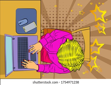 Woman working on a laptop computer from top view - comic book style, cartoon vector illustration.