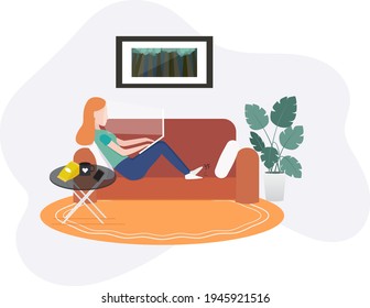 A woman working on a laptop computer on the sofa in her living room. isolated on background