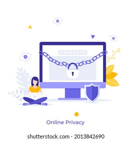 Mujer trabajando en la pantalla de ordenador portátil con cadena y cerradura. Concepto de privacidad en línea, datos privados, información web confidencial, seguridad en internet. Ilustración vectorial plana moderna para banner.